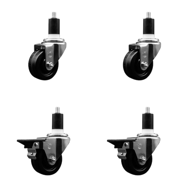 3'' Phenolic Wheel Swivel 1-1/2'' Expand Stem Caster Set 2 Brakes, 4PK